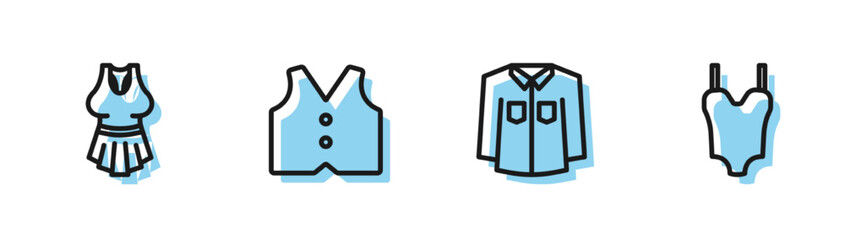 Set line Shirt, Undershirt, Waistcoat and Swimsuit icon. Vector