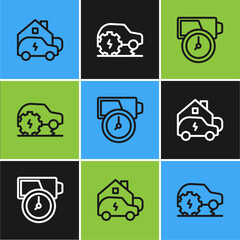 Set line Charging car at home, Battery charge and Electric service icon. Vector