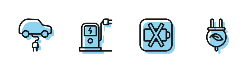 Set line Low battery, Electric car, charging station and saving plug leaf icon. Vector