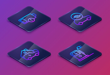 Set Isometric line Low battery, Charging car home, Eco and Electric charging station. Blue square button. Vector