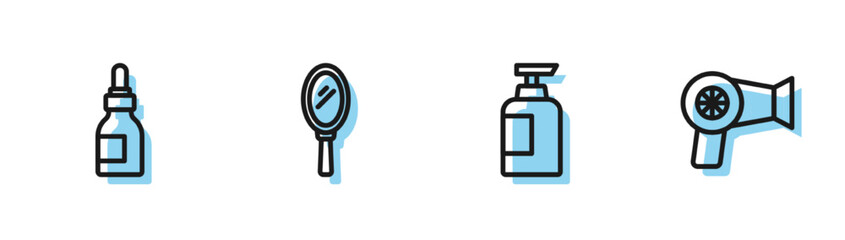 Set line Bottle of shampoo, Oil bottle, Hand mirror and Hair dryer icon. Vector