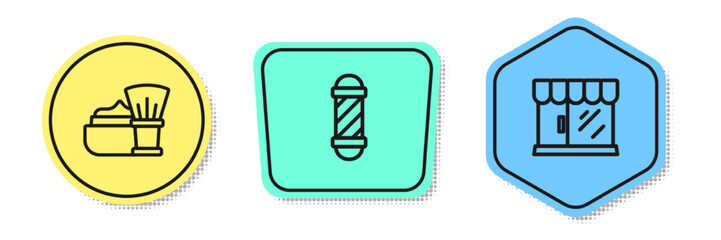 Set line Shaving brush with foam, Classic Barber shop pole and Barbershop building. Colored shapes. Vector