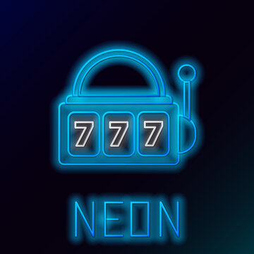 Glowing neon line Slot machine with lucky sevens jackpot icon isolated on black background. Colorful outline concept. Vector