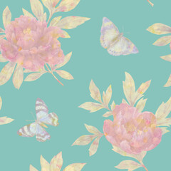 Peony flowers with leaves and butterflies collected in a seamless pattern. Abstract botanical pattern drawn by watercolor.