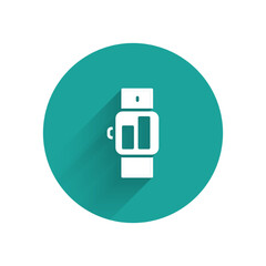 White Smartwatch icon isolated with long shadow. Green circle button. Vector