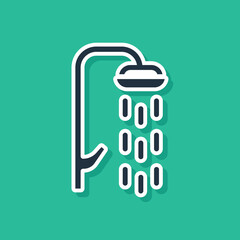 Blue Shower head with water drops flowing icon isolated on green background. Vector