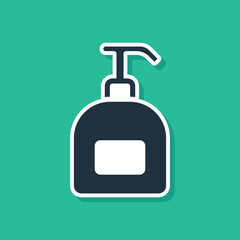 Blue Bottle of liquid antibacterial soap with dispenser icon isolated on green background. Antiseptic. Disinfection, hygiene, skin care. Vector