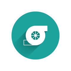 White Automotive turbocharger icon isolated with long shadow. Vehicle performance turbo. Turbo compressor induction. Green circle button. Vector