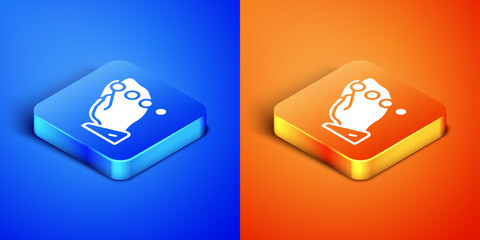 Isometric Hands in praying position with rosary icon isolated on blue and orange background. Praying hand islam muslim religion spirituality religious. Square button. Vector