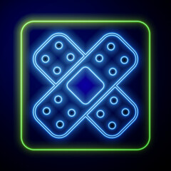 Glowing neon Crossed bandage plaster icon isolated on blue background. Medical plaster, adhesive bandage, flexible fabric bandage. Vector