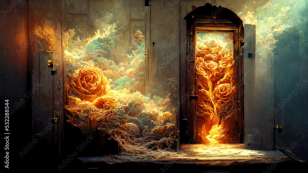 Wall mural Ethereal summer flowers carved fire door