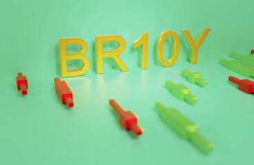 The yield of ten-year brazilian bonds, br10y sign on a dark background with a graph of growth and fall from Japanese candlesticks, 3d rendering