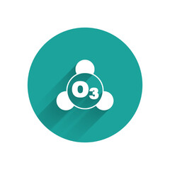 White Ozone molecule icon isolated with long shadow background. Ozone, O3, trioxygen, inorganic molecule. Structural chemical formula and molecule model. Green circle button. Vector