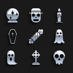 Set Candy, Tombstone with cross, Skull, Ghost, Coffin christian, Burning candle and Magic ball icon. Vector