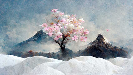 Blooming sakura on the background of snowy mountains