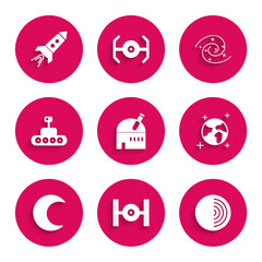 Set Astronomical observatory, Cosmic ship, Earth structure, globe, Moon and stars, Mars rover, Black hole and Rocket with fire icon. Vector