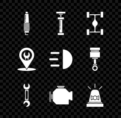 Set Car spark plug, , Chassis car, Wrench, Check engine, Flasher siren, service and High beam icon. Vector