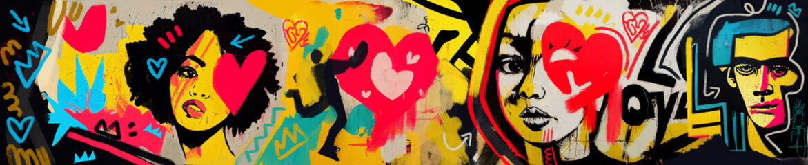 fresco of portrait on wall graffiti street art. grunge graffiti colorful and love. - obrazy, fototapety, plakaty