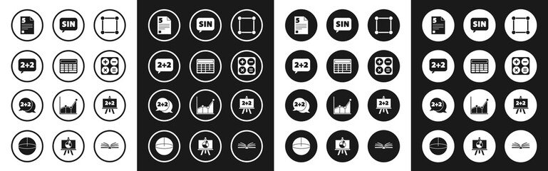 Set Geometric figure Square, Calculator, Equation solution, Test exam sheet, Mathematics function sine, Chalkboard and icon. Vector