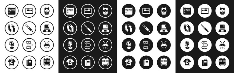 Set Energy drink, Audio jack, Socks, Binary code, Laptop, Pendulum, UFO flying spaceship and Earth globe icon. Vector