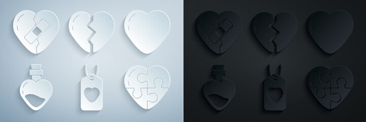 Set Heart tag, Bottle with love potion, Broken heart and Healed broken icon. Vector