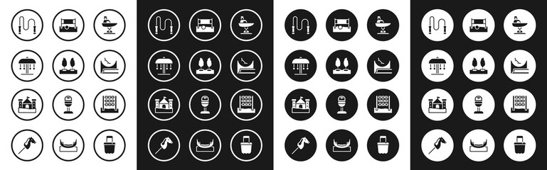 Set Swing boat, Forest, Attraction carousel, Jump rope, Skate park, Volleyball net with ball, Tic tac toe game and Sand castle icon. Vector - obrazy, fototapety, plakaty