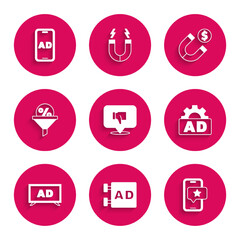 Set Dislike in speech bubble, Advertising, Mobile with review rating, Lead management, Magnet money and icon. Vector