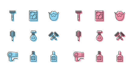 Set line Hair dryer, Aftershave, Shaving razor, Cream lotion cosmetic tube, Crossed shaving, Hairbrush and Glass of whiskey and ice cubes icon. Vector