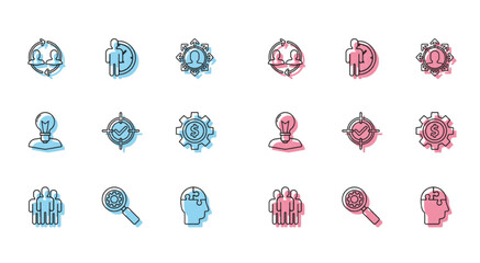 Obraz premium Set line Users group, Magnifying glass and gear, Human resources, head puzzles strategy, Target check mark, Gear with dollar symbol, lamp bulb and Time Management icon. Vector