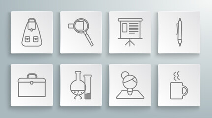 Set line Briefcase, Teacher, Coffee cup, Presentation financial board with graph, schedule, chart, diagram, infographic, pie graph, Pen and School backpack icon. Vector