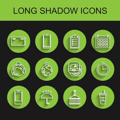 Set line Mobile phone with app delivery tracking, Umbrella and rain drops, Envelope, Container crane, Coffee cup, Worldwide, Stopwatch and Pizza cardboard box icon. Vector