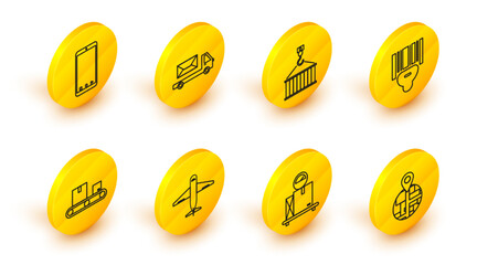 Set line , Scale with cardboard box, Plane, Conveyor belt, Scanner scanning bar code, Container crane, Post truck and Mobile phone app delivery tracking icon. Vector