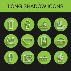 Set line Wetsuit for scuba diving, Photo camera diver, Shark fin ocean wave, Industry metallic pipes and valve, Swimming trunks, Case box container wobbler and Backpack icon. Vector