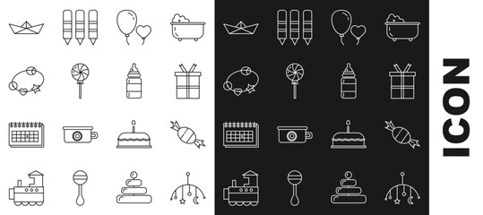 Set line Baby crib hanging toys, Candy, Gift box, Balloons form of heart, Lollipop, Rattle baby, Folded paper boat and bottle icon. Vector