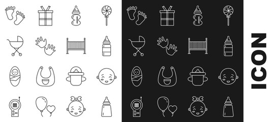 Set line Baby bottle, Happy little boy head, hands print, stroller, footprints and crib cradle bed icon. Vector