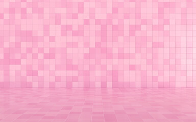 Pink ceramic tile wall and floor background and texture. Mockup for kitchen, bathroom, room, toilet. Empty space for your design. 3d rendering illustration.