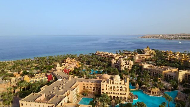 An aerial shot of the Hurghada hotel and the red sea in Egypt.