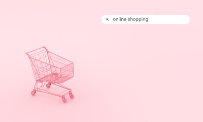 Pastel pink shopping cart on pink background. Black Friday sales minimalistic concept. Shop online, free delivery, Cybermonday, Discounts, St. Valentines and International Women's Day