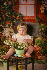 portrait girl one year old shooting in studio sitting on wooden chair snowdrops background flowers 