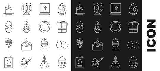 Set line Easter egg, eggs, Gift box, Holy bible book, Burning candle, Broken, cake and Sun icon. Vector