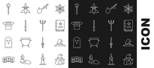 Set line Witch, hat, Ancient magic book, Spell, Magic wand, Magician, and Neptune Trident icon. Vector