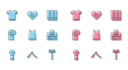 Set line Shaving brush, Straight razor, T-shirt, Sleeveless, Wet wipe pack, Toilet paper roll and Heart with cross icon. Vector