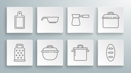 Set line Grater, Frying pan, Cooking pot, Bread loaf, Coffee turk, and Cutting board icon. Vector