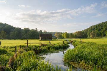 Old barn on a green meadow with autumn forest in the background. Agriculture in the Eselsburg Tal in the Swabian Alb in Baden Württemberg