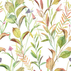 Square seamless pattern with watercolor realistic gold coloured leaves and mushrooms. Hand painted plants on a white background. Template for backdrop and wrapping paper