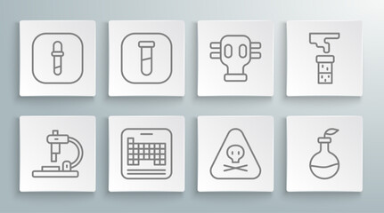 Set line Microscope, Test tube and flask, Periodic table, Triangle warning toxic, Plant breeding, Gas mask, and Pipette icon. Vector