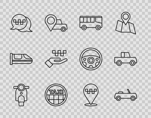 Set line Scooter, Car, Bus, Taxi car roof, call telephone service, Hand with taxi, Location and icon. Vector