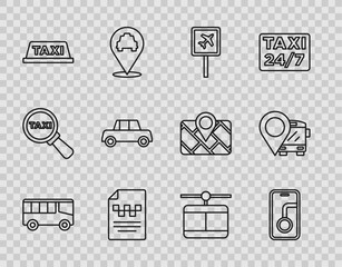 Set line Bus, City map navigation, Airport, Taxi driver license, car roof, Car, Cable and Location with bus icon. Vector