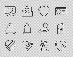 Set line Candy in heart shaped box, Heart, Like, Condom, Glass of champagne and Greeting card icon. Vector