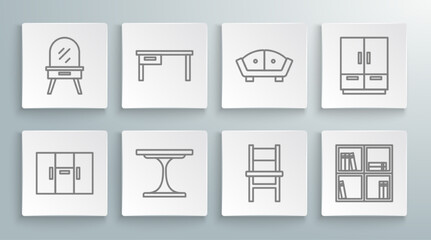 Set line Wardrobe, Office desk, Round table, Chair, Shelf with books, Sofa, and Dressing icon. Vector